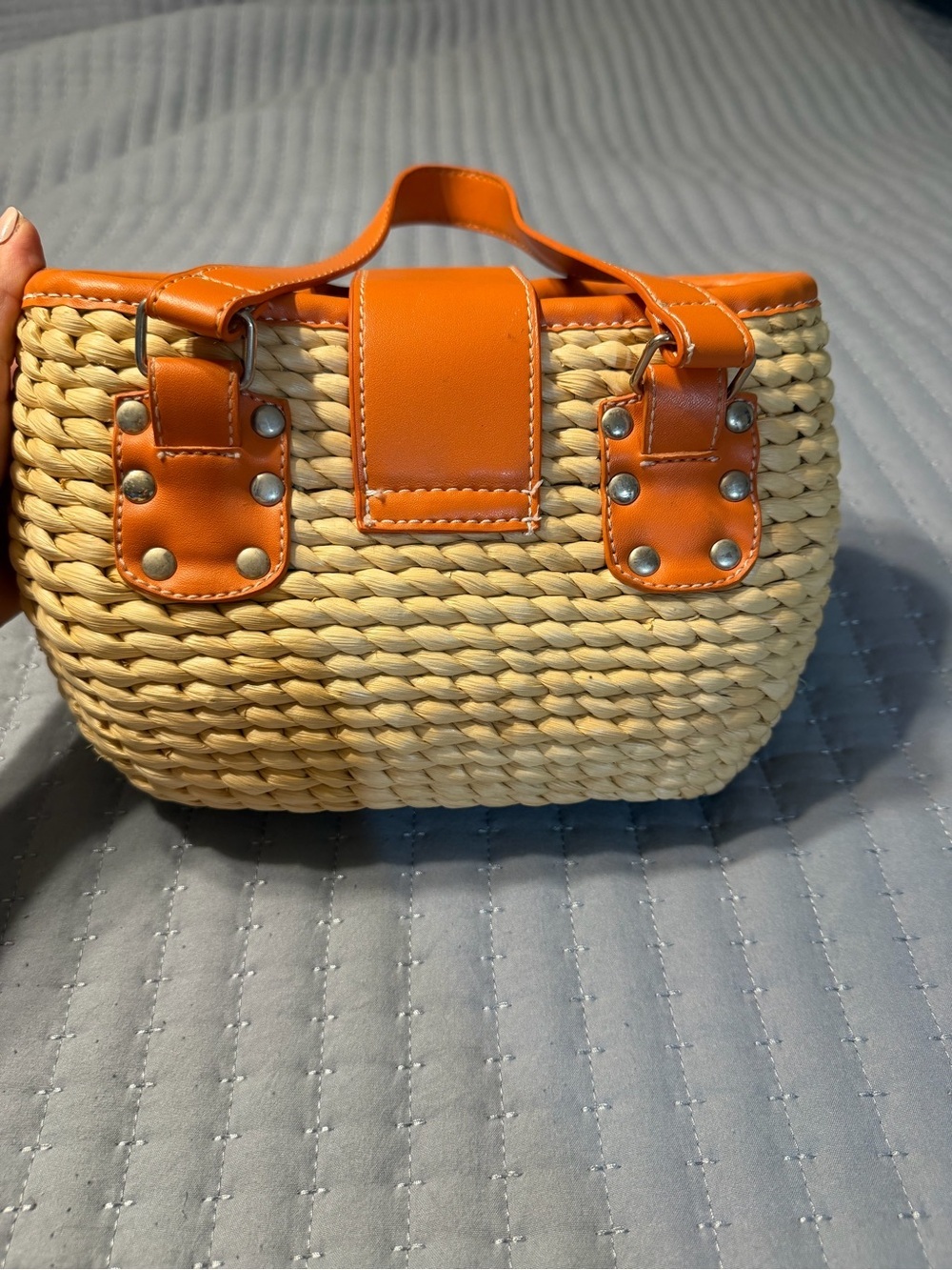 Vintage Woven Straw and Orange Faux Leather Handbag - Picture 6 of 8